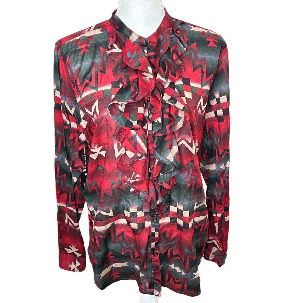 Lauren Ralph Lauren Women’s Southwest Ruffle Button Front Shirt Sz L Large